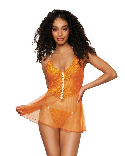 Floral Lace & Mesh Babydoll W/ White Daisy Trim Tangerine O/s