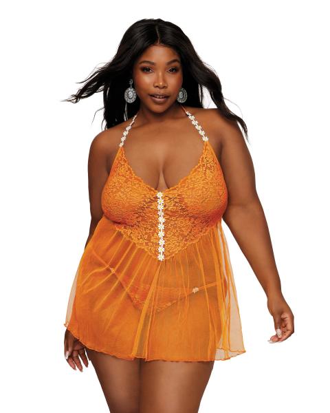 Floral Lace & Mesh Babydoll W/ White Daisy Trim Tangerine Q/s