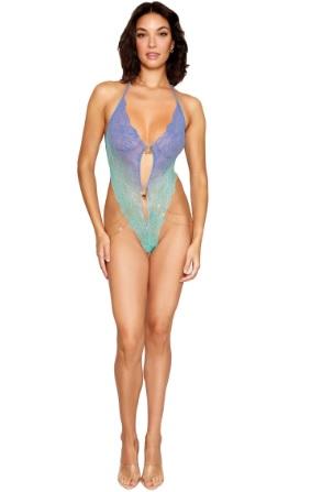 Ombre Stretch Lace Teddy W/ Butterfly Charms Lavender Haze /seafoam O/s