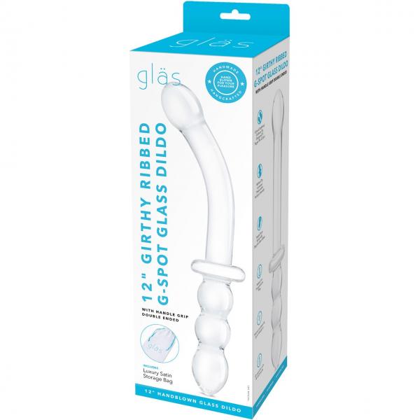 Glas 12in Girthy Ribbed G-spot Glass Dildo W/ Handle Grip - Click Image to Close