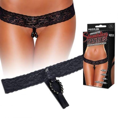 Hustler Crotchless Stimulating Panties with Pearl Beads Black S/M