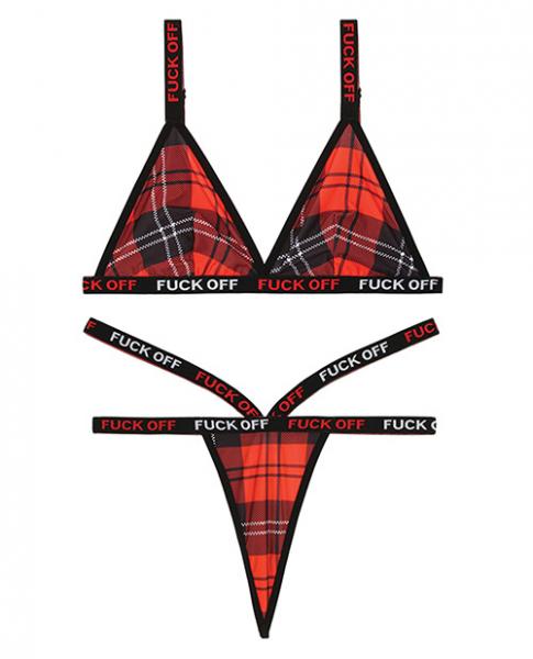 Vibes F*ck Off Bralette & Thong Set Red Plaid L/XL