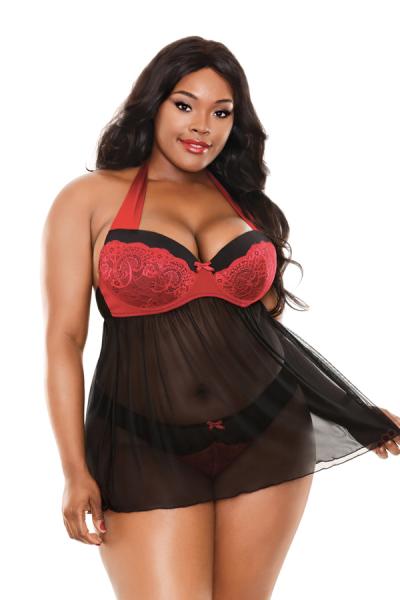 Sophia Halter Babydoll & Panty Black, Red 1X2X