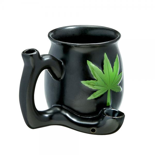 Matte Black Mug W/ Green Leaf - Click Image to Close