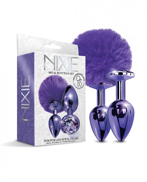 Nixie Metal Butt Plug Set Pom Pom & Jewel Purple Metallic