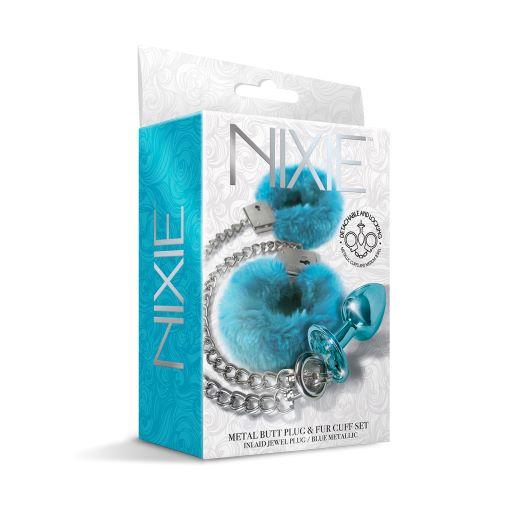 Nixie Metal Plug & Furry Cuff Set Blue Metallic - Click Image to Close