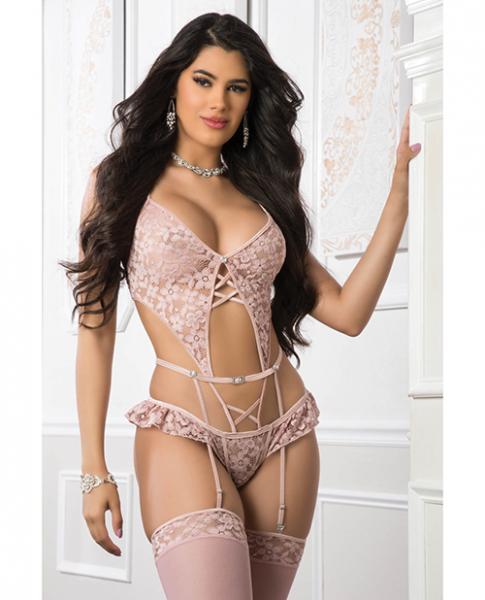 2pc Mixed Corset Strappy Garter Teddy Deep Rose O/s