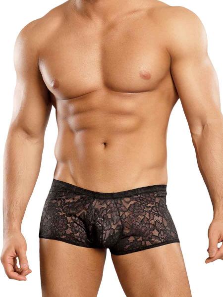 Male Power Mini Shorts Stretch Lace Black XL - Click Image to Close