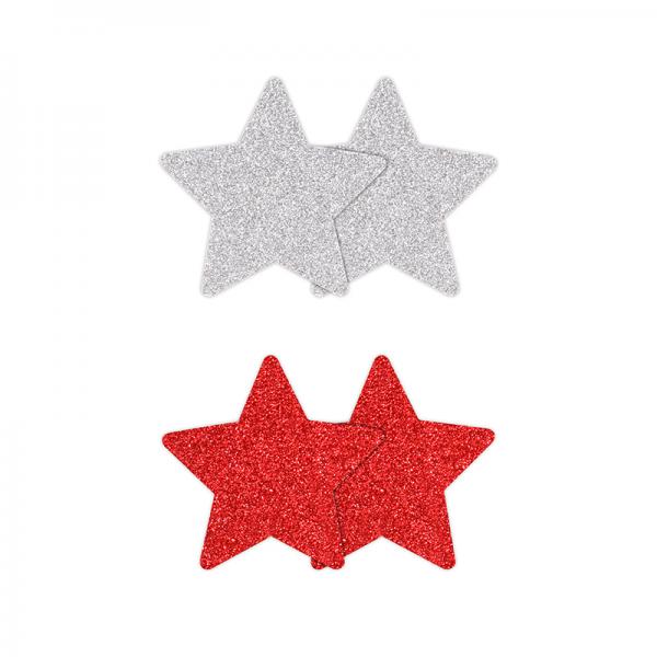 Pretty Pasties Glitter Stars Red/silver 2 Pair - Click Image to Close