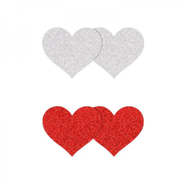 Pretty Pasties Glitter Hearts Red/silver 2 Pair - Click Image to Close