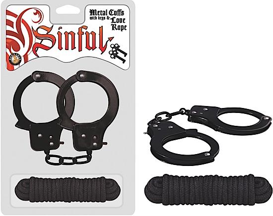 Sinful Metal Cuffs with Love Rope Black