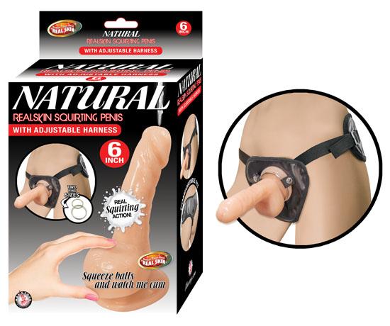 Natural Realskin Squirting Penis W/ Adjustable Harness 6in Flesh - Click Image to Close