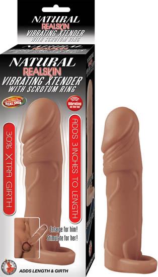 Natural Realskin Vibrating Xtender W/ Scrotum Ring Brown - Click Image to Close