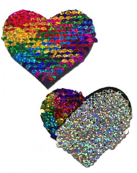 Pastease Rainbow & Silver Glitter Heart Nipple Pasties - Click Image to Close