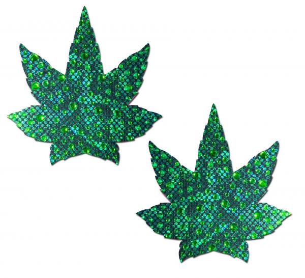 Pastease Indica Pot Leaf Crystal Green Weed Nipple Pasties - Click Image to Close