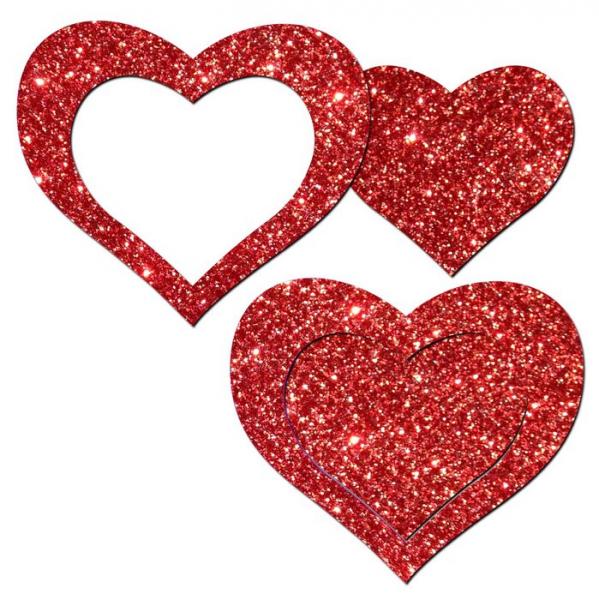 Pastease Glitter Peek A Boob Hearts Pasties Red - Click Image to Close