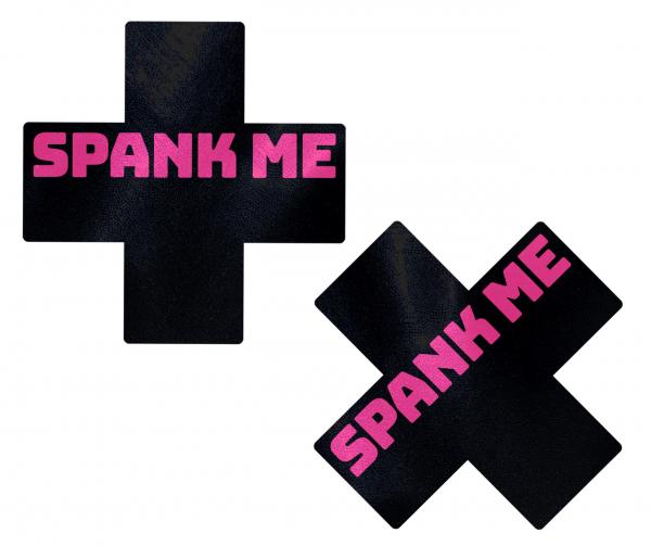 Pastease Liquid Black Cross Pink Spank Me Pasties - Click Image to Close