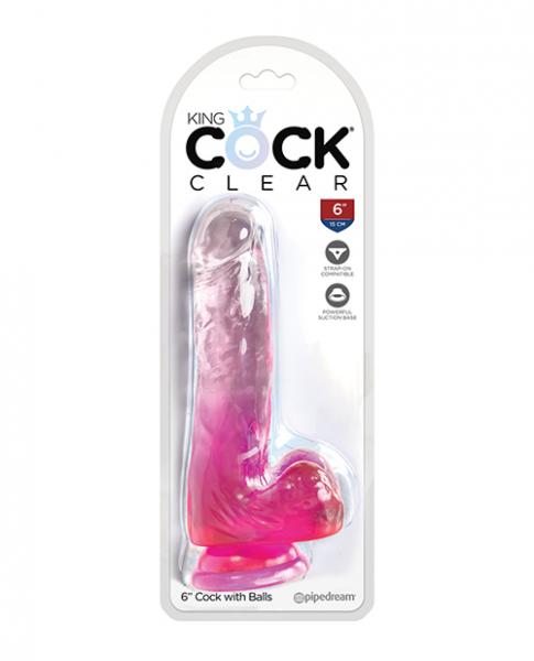 King Cock Clear 6in W/ Balls Pink - Click Image to Close