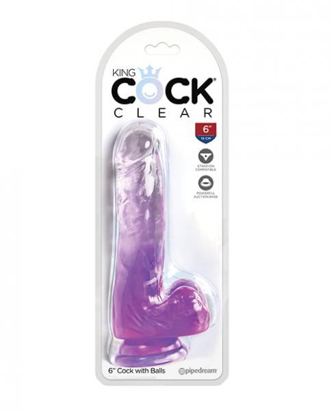 King Cock Clear 6in W/ Balls Purple - Click Image to Close