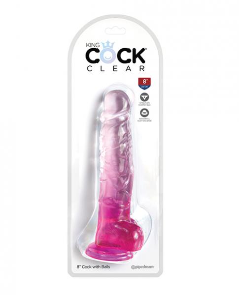 King Cock Clear 8in W/ Balls Pink - Click Image to Close