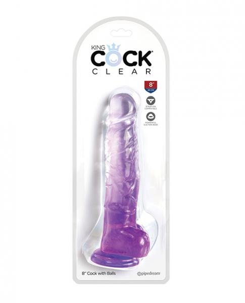 King Cock Clear 8in W/ Balls Purple - Click Image to Close