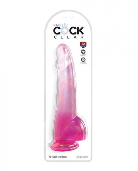 King Cock Clear 10in W/ Balls Pink - Click Image to Close