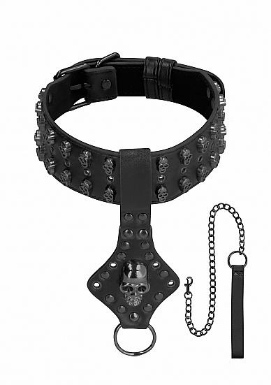 Ouch! Skulls & Bones Neck Chain with Skulls And Leash Black - Click Image to Close