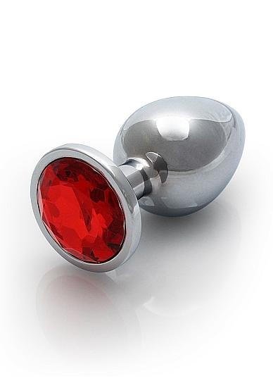 Round Gem Butt Plug Medium Silver Ruby Red - Click Image to Close