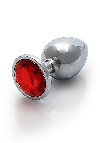 Round Gem Butt Plug Large Silver Ruby Red - Click Image to Close