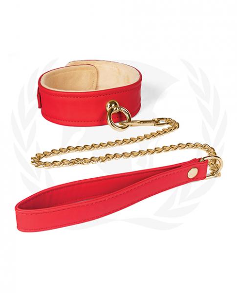 Plush Lined Red Pu Collar & Chain Leash - Click Image to Close