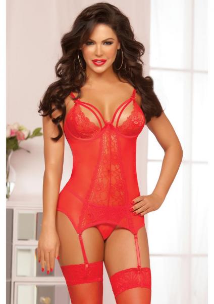 Floral Lace & Fishnet Chemise Red O/S