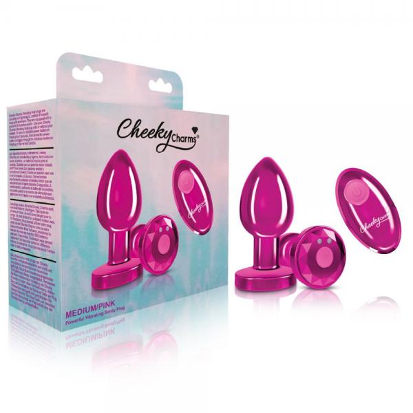 Cheeky Charms Vibrating Metal Plug Pink Medium W/ Remote - Click Image to Close