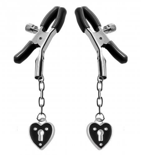 Charmed Heart Padlock Nipple Clamps Black - Click Image to Close