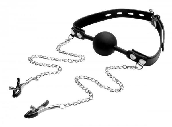 Strict Silicone Ball Gag with Nipple Clamps Black - Click Image to Close