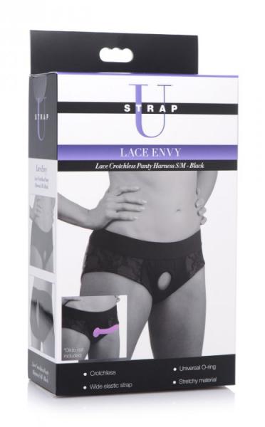 Strap U Lace Envy Crotchless Panty Harness Black S/m